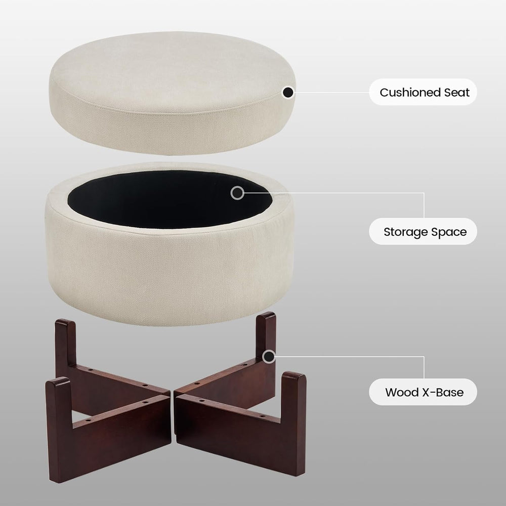 26Inch Round Storage Ottoman, Modern Chenille Upholstered Ottoman with Storag...