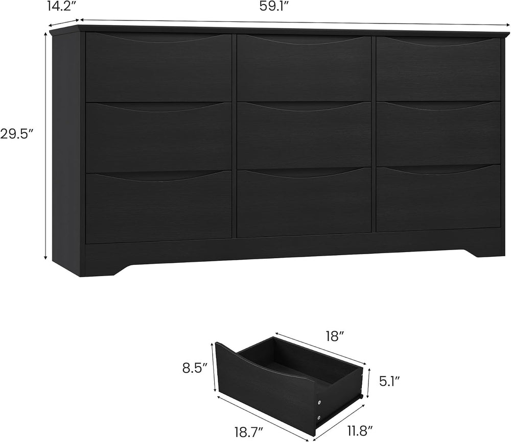 Garvee Wooden Dresser with 9 Drawers, Tall Closet with Deep Storage, Black