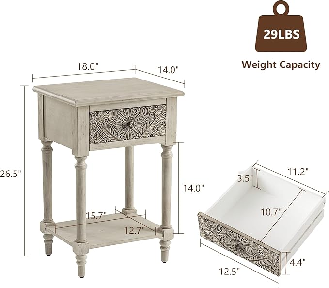 COSIEST Vintage Nightstand, MDF 2-Tier Bedside Table, Wood Accent End Table w...