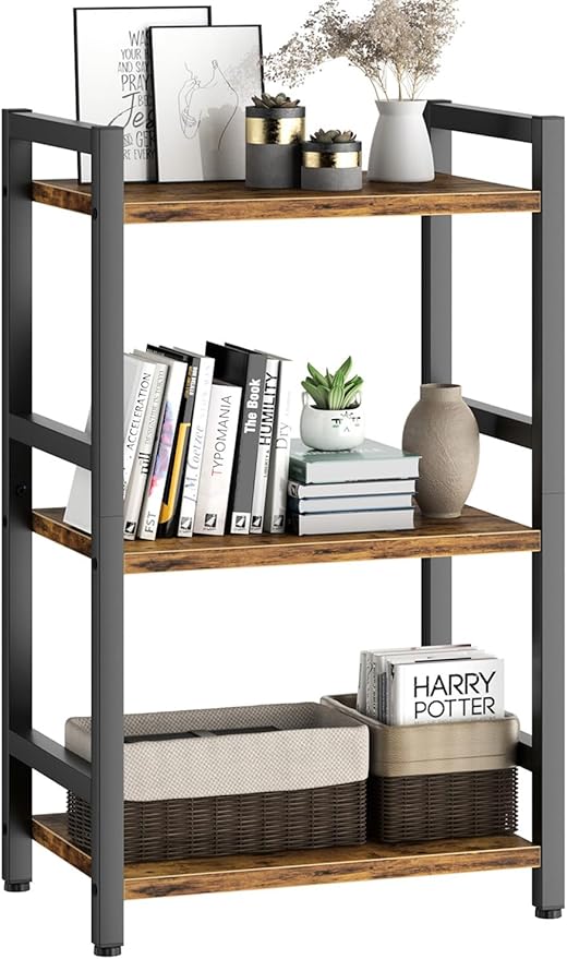 Book Shelf, 3 Tier Bookcase with Steel Frame, Stable Bookshelf Narrow Book Sh...