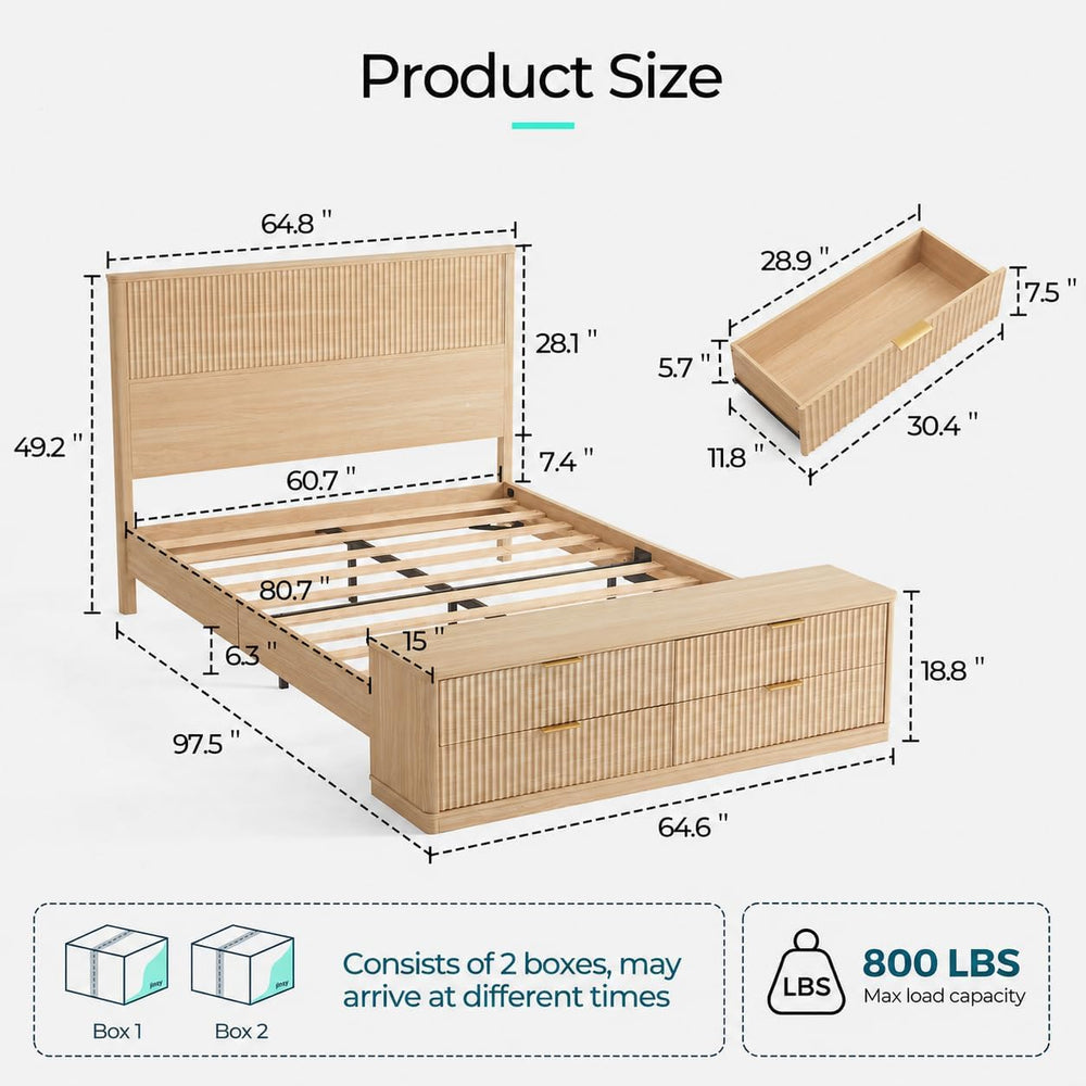 LINSY Fluted Boho Queen Bed Frame with Storage Bench, Natural Oak