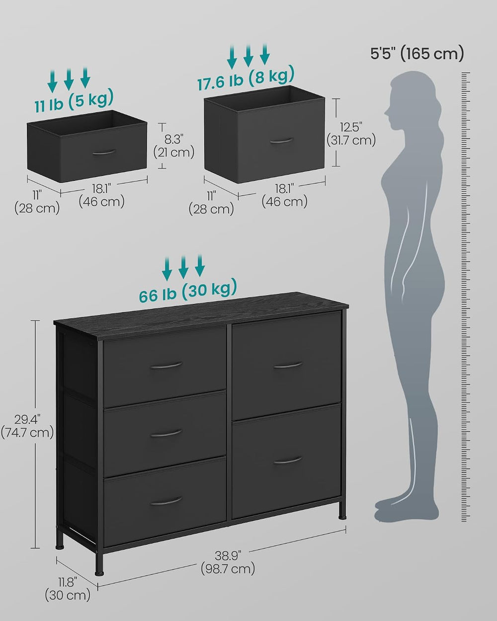 SONGMICS Dresser for Bedroom, Wide Dresser for Closet with 5 Fabric Drawers