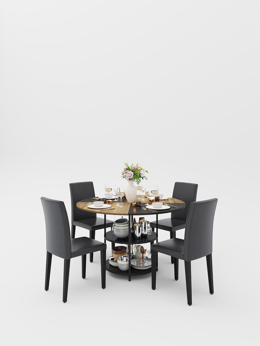 47 Inch Round Dining Table Set for 4,Kitchen Table and Chairs for 4 with Stor...