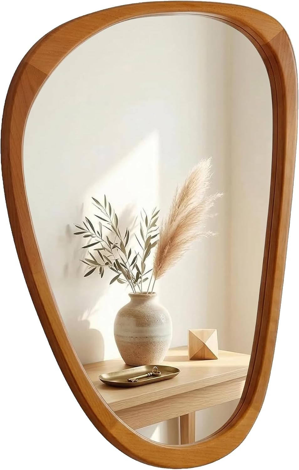 Solid Wood 30"x20" Warm Walnut Organic Irregular Wall Mirror Decor