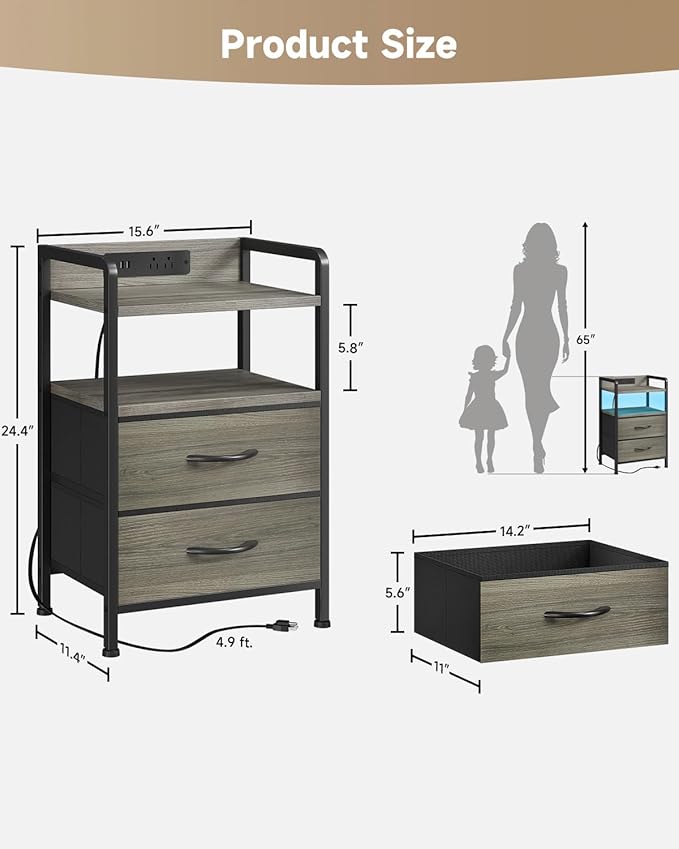 Night Stand Bedside Charger Bedroom - Grey Nightstand with Charging Station &...