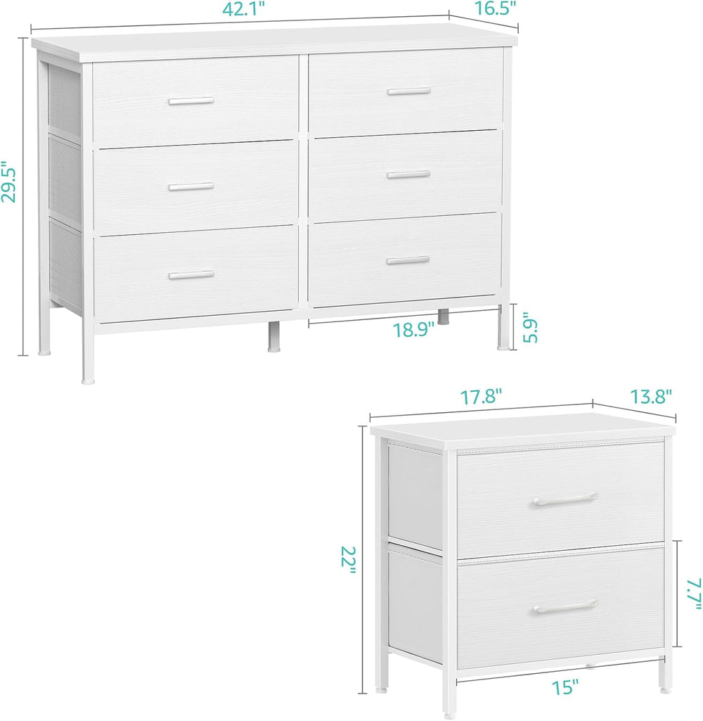 Bedroom Sets Nightstand Set 3 Piece White with 6 Fabric Drawers Modern
