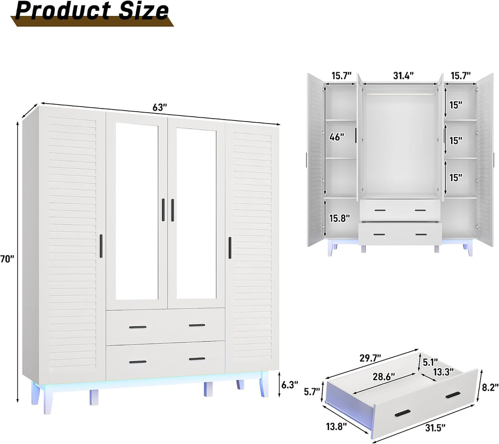 4 Door Armoire Wardrobe Closet Cabinet with Drawers and LED Lights, Multi-Tie...