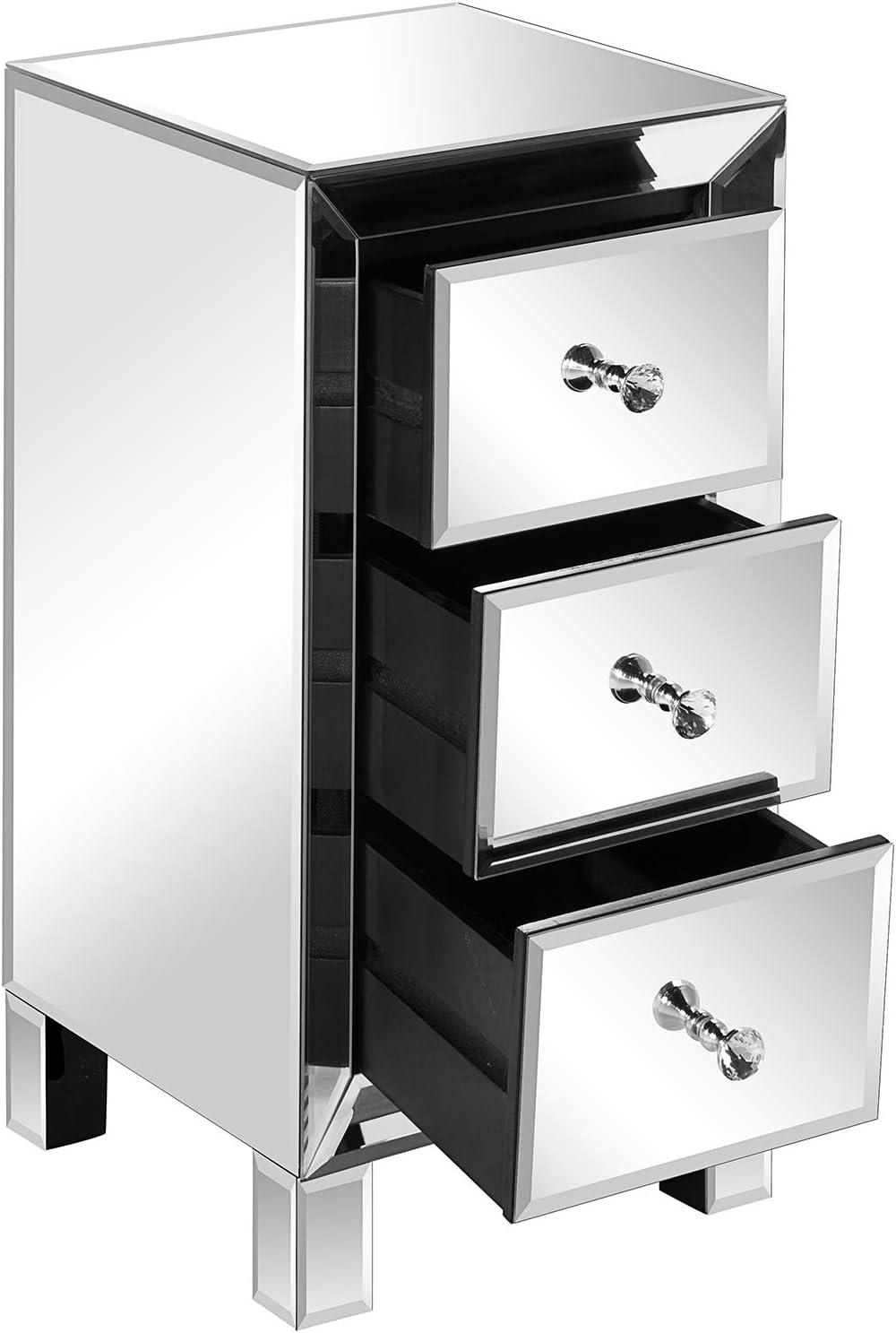 VINGLI Mirrored Nightstand with 3-Drawers Silver Side End Table Mirrored Furn...
