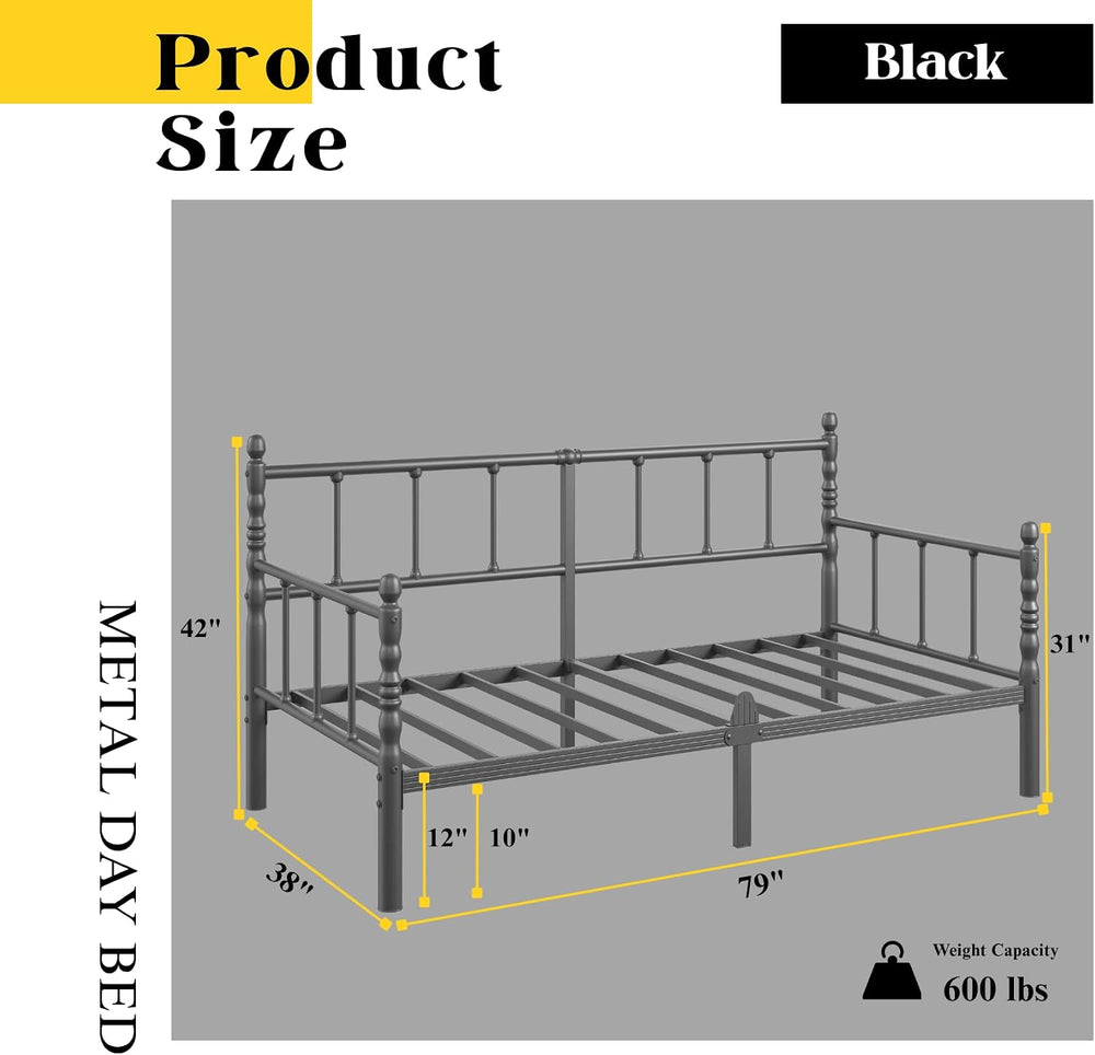 12 Inch Twin Metal Daybed Frame with Classic Headboard