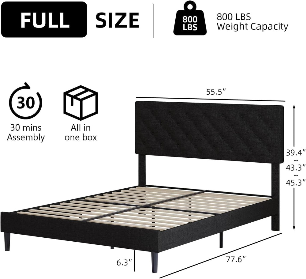 Full Size Platform Bed Frame with Button Tufted Headboard,Black