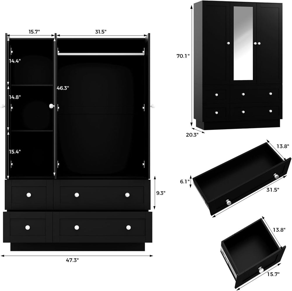 VOWNER Wardrobe Closet with 3 Doors Bedroom Armoire with Mirror & 4 Drawers