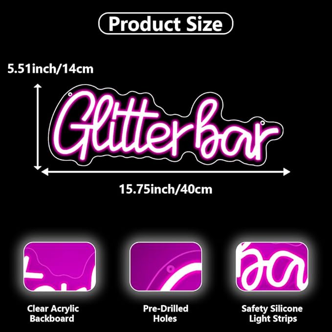 Glitter Bar Neon Sign,Bar Signs for Home Bar Decor,Led Bar Sign for Wedding,B...