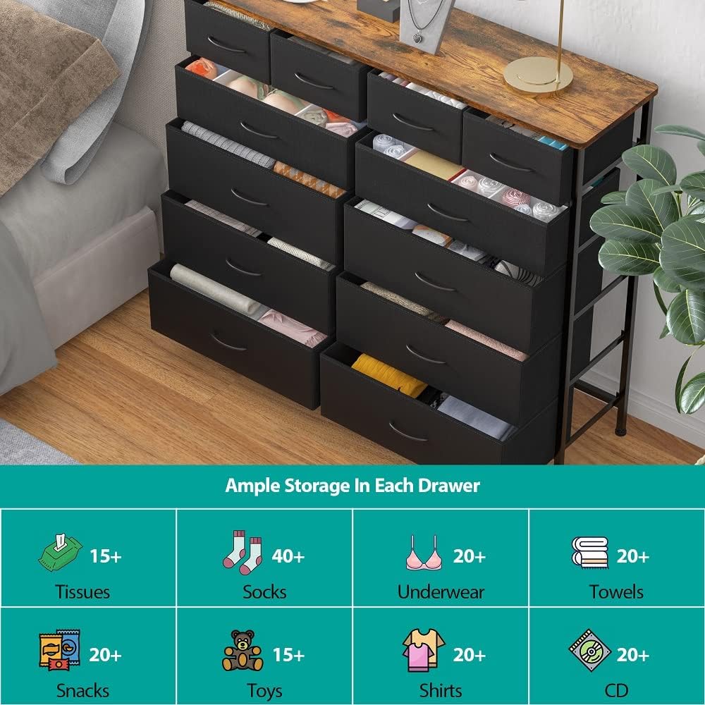 VASICAR Large Dresser for Bedroom with 12 Drawers, Tall Fabric Dressers