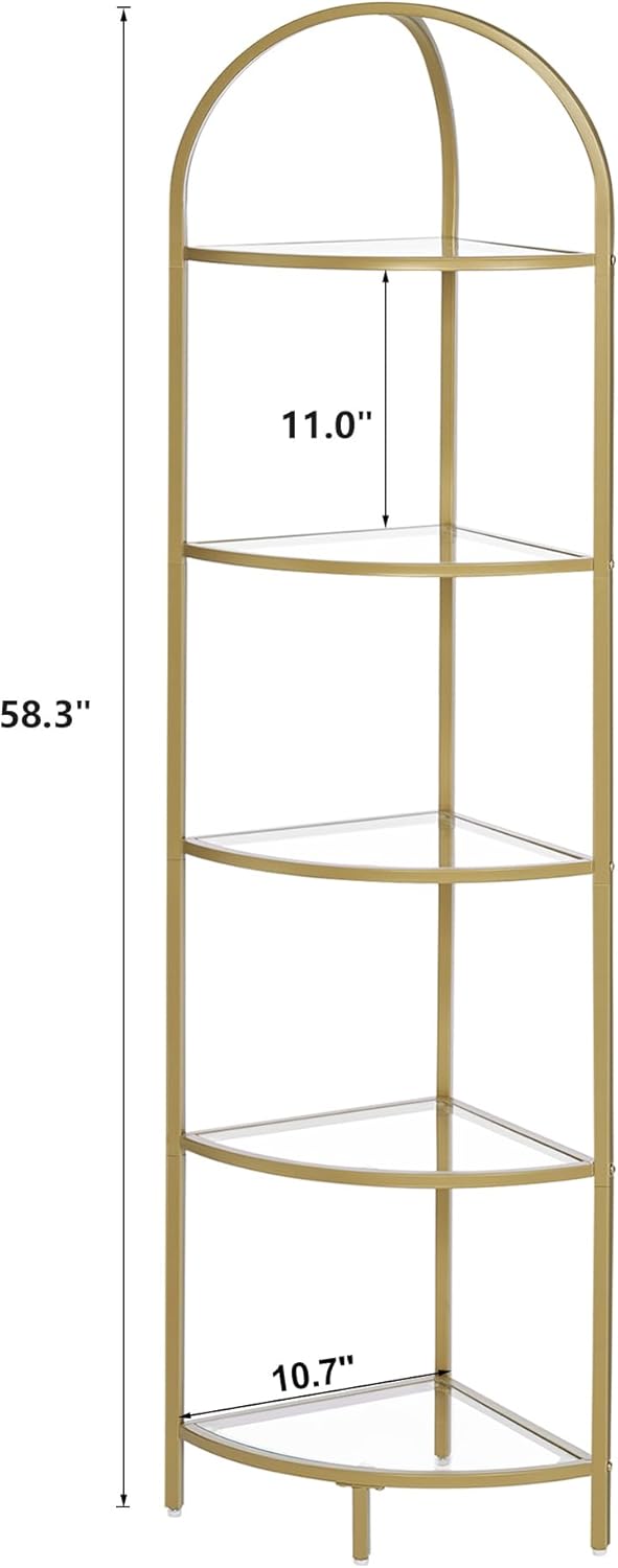 Homhedy 5-Tier Corner Shelf Stand, Metal Corner Bookshelf, Tempered Glass She...