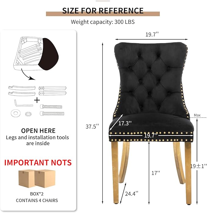Mid Century Modern Dining Chairs Set of 4, Black Velvet Upholstered Tufted Ba...
