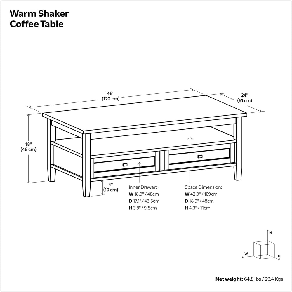 SIMPLIHOME Warm Shaker 48" Wide Solid Wood Coffee Table in Brown