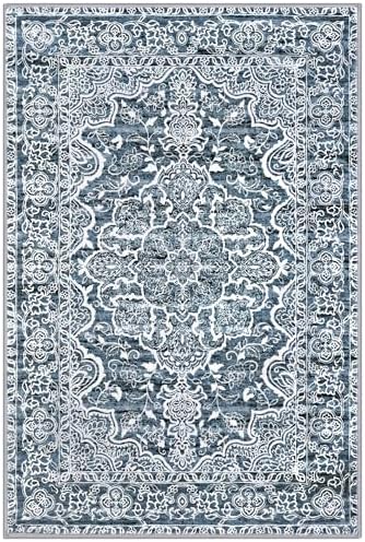 KUTA 3x5 Entryway Rug Washable Area Rugs Vintage Kitchen Rugs Blue White