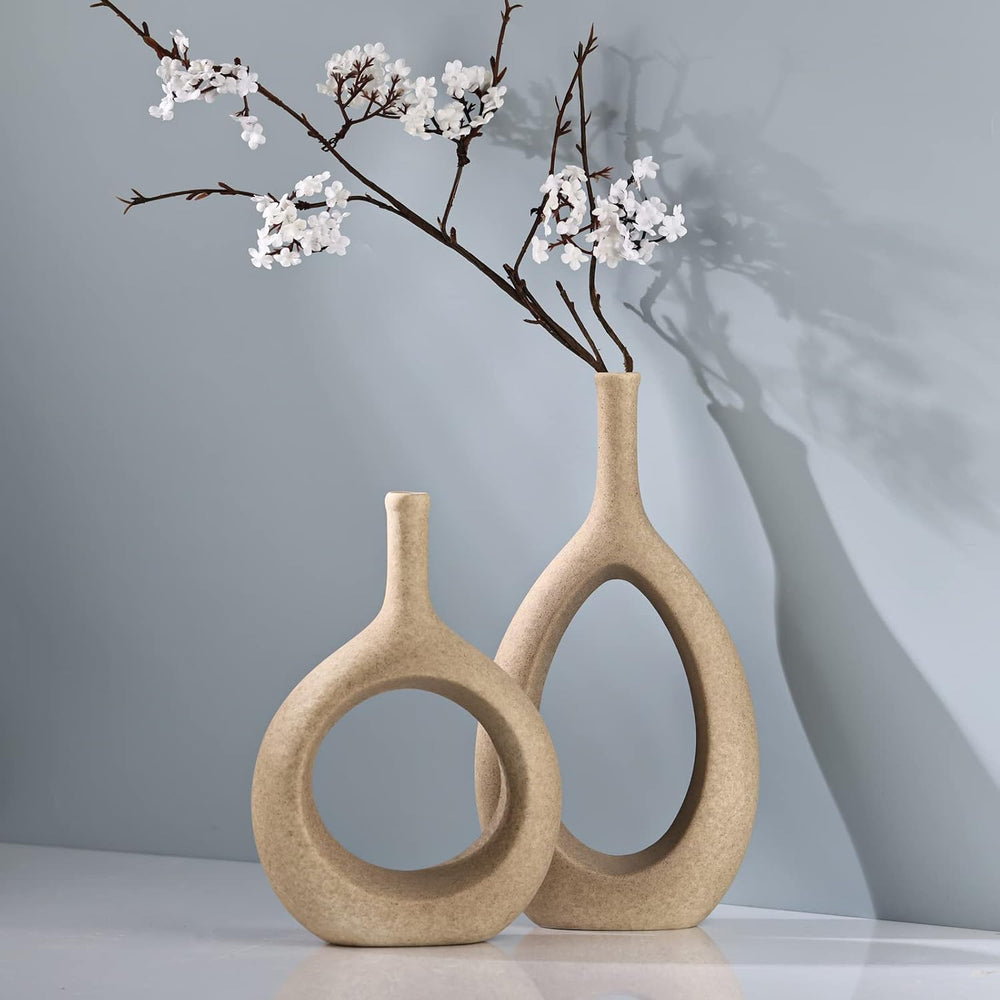 LCCCK Matte Beige Ceramic Vase, Tan Circle Vases with Hole, Neutral Rustic Ce...