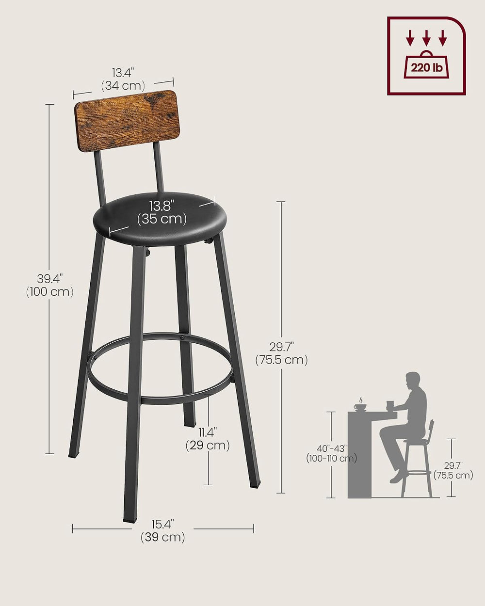 VASAGLE Bar Table 15.7 x 39.4 x 35.4 Inches, Rustic Brown and Ink Black ULBT1...