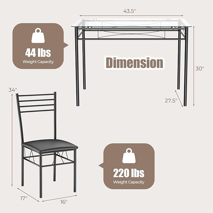Giantex 5 Piece Dining Table Set, Kitchen Dining Set with Tempered Glass Tabl...