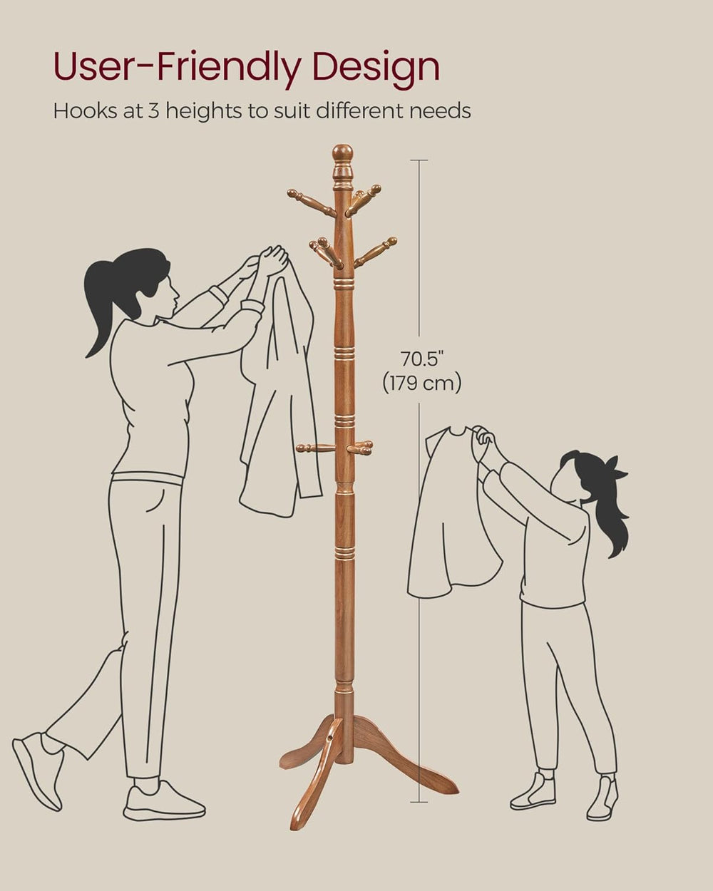 VASAGLE Solid Wood Coat Rack and Stand, Free Standing Hall Coat Tree with 10 ...