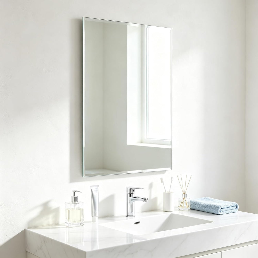 Frameless Wall Mirror Beveled Edge 28” x 20“ Bathroom Mirror for Over Sink