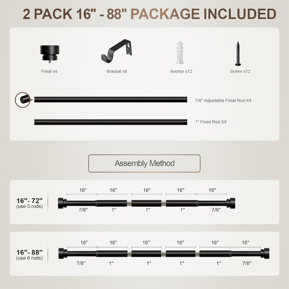 Lootkell Modern Black Curtain Rods Set, 48-84 Inches Adjustable, Heavy Duty 1...