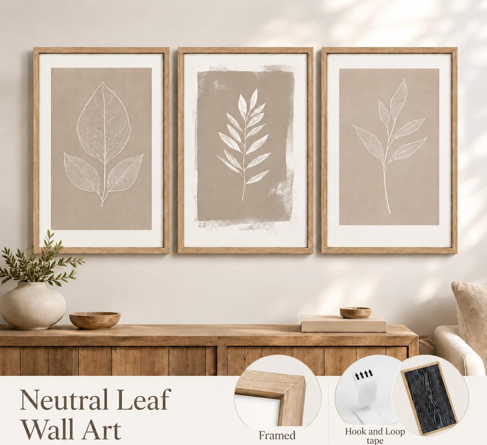 Framed 3pcs Boho Neutral Leaf Canvas Wall Art 12x16 Inch