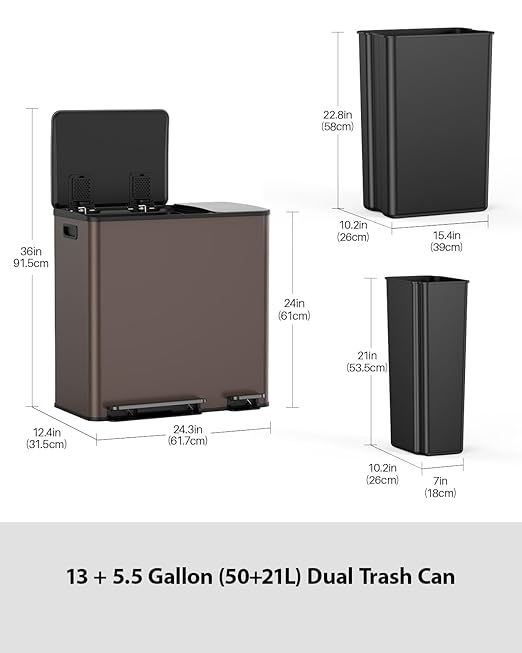 Lovewind Double Trash Can Kitchen, 13+5.5 Gallon Stainless Steel Dual Trash and