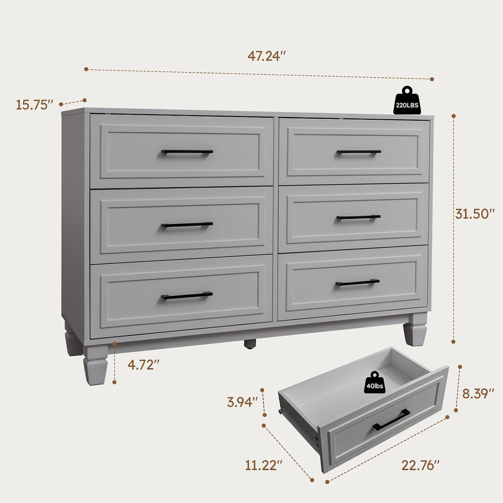 Grey Dressers for Bedroom, 6 Drawer Wood Chest, Wide Farmhouse Dresser
