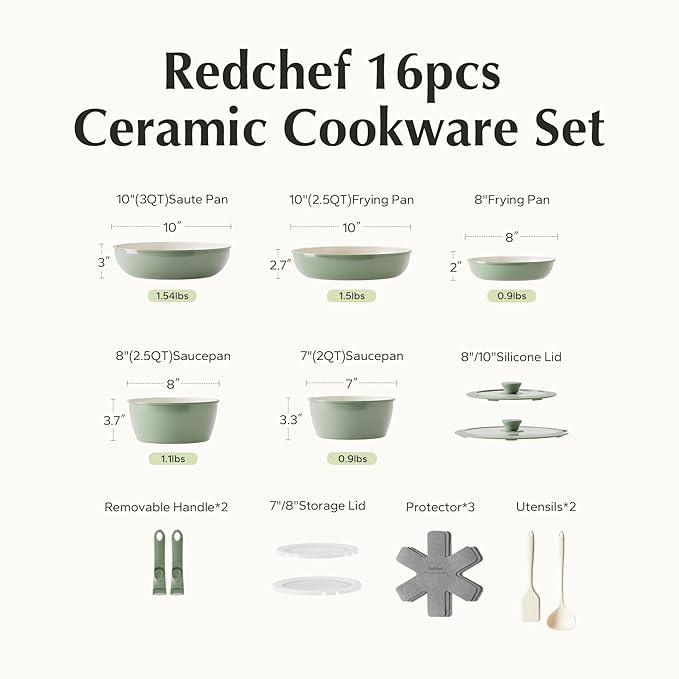 Redchef 16pcs Ceramic Pots and Pans Set Non Stick, Nonstick Ceramic Cookware Set