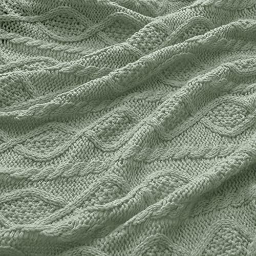 Homiest Sage Green Cable Knit Throw Blanket Set of 3, with 2 Pillow Covers