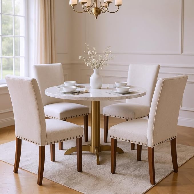 Set of 6 Beige Upholstered Dining Chairs – Farmhouse Kitchen Chairs with High...