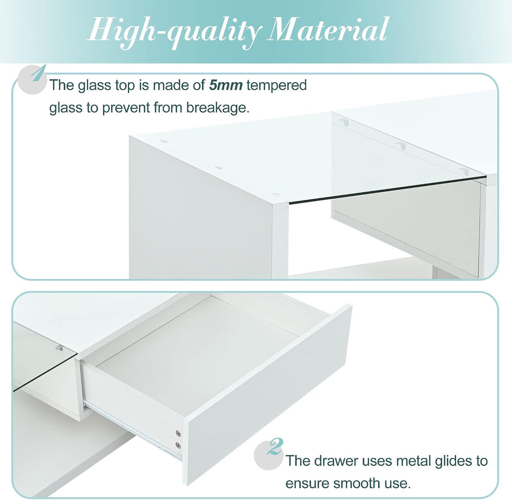 Modern Coffee Table with Tempered Glass, Wooden Cocktail Table with High-Glos...