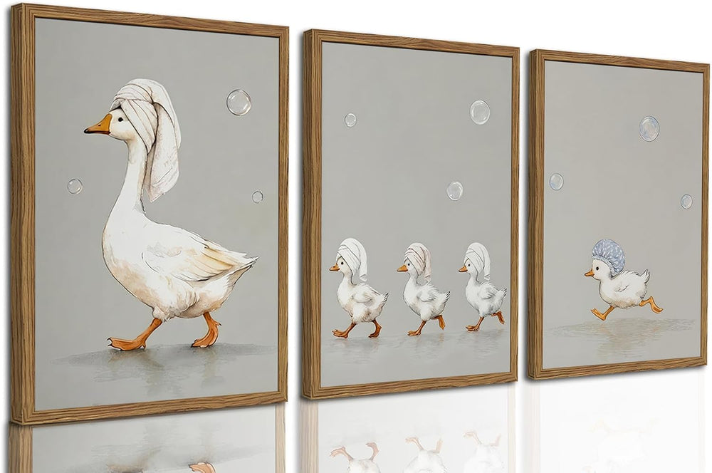 Cute Goose Bathroom Wall Art Set of 3, Funny Duck Bath Wall Decor Painting, W...