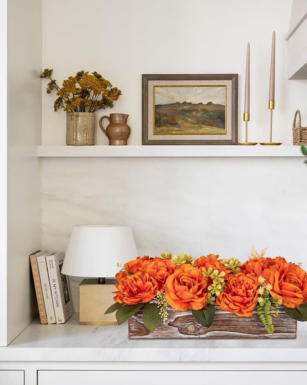 DILATATA Flower Arrangement with Wooden Vase 14" Artificial Flowers in P...