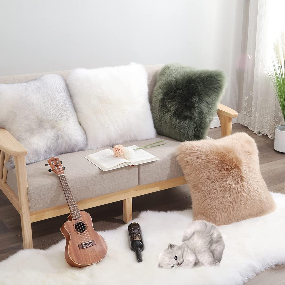 LLB Luxury Genuine Sheepskin Throw Pillow Covers Soft Fluffy Solid Decorative...