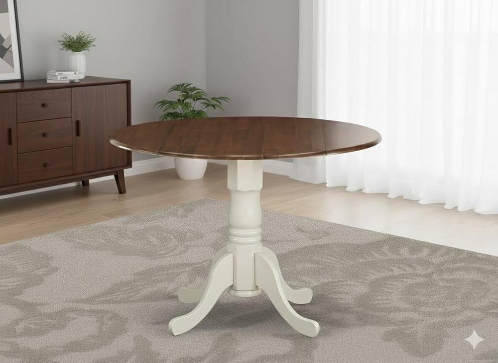 CARTESIAN Round Drop Leaf Dining Table, Walnut and White, Solid Wood, 42 Inch...