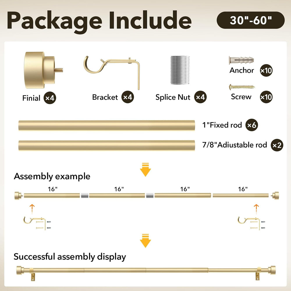 2 Pack Heavy Duty Curtain Rods for Windows 28 to 48 Inch, 1 Inch Gold Adjusta...