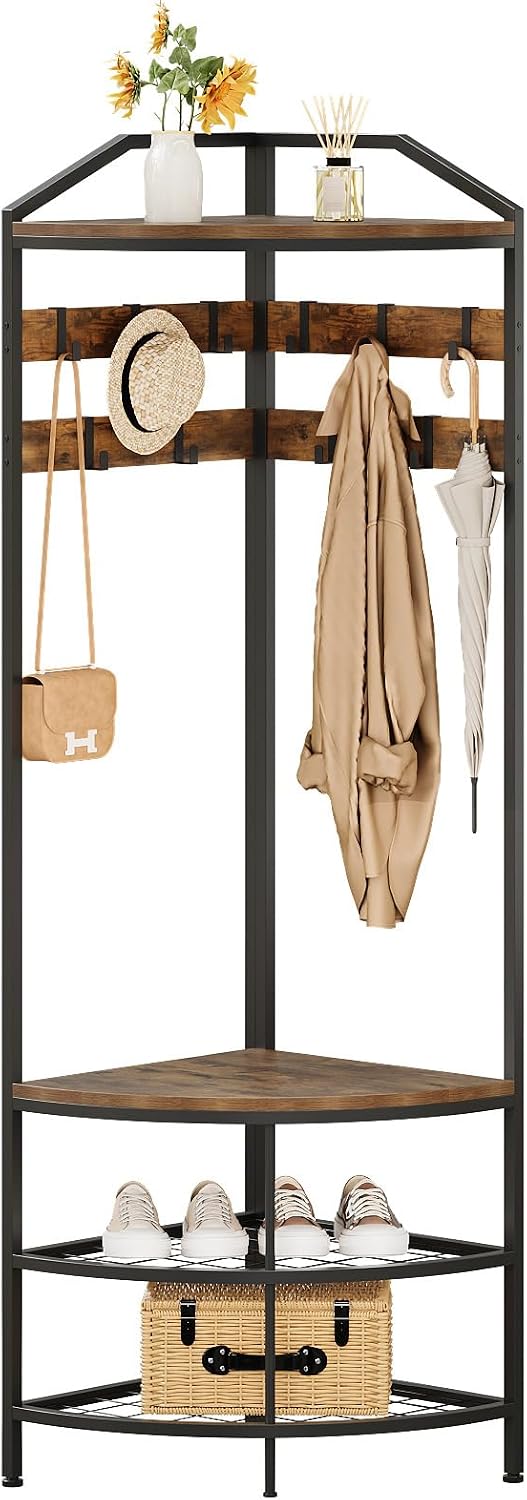 GiftGo Corner Hall Tree with Shoe Bench Entryway Coat Rack with 10 Metal Mova...