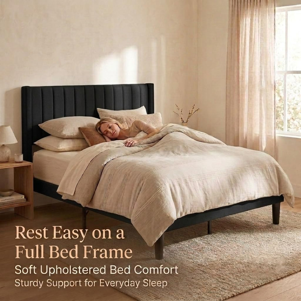 Full Modern Upholstered Platform Bed Frame with Headboard, Black
