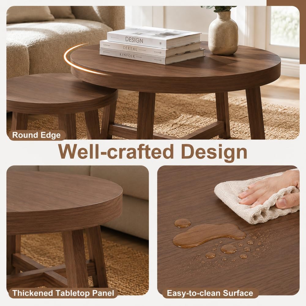 Set of 2 Round Nesting Coffee Tables,Walnut Tone | X-Shaped Frame, Stackable ...