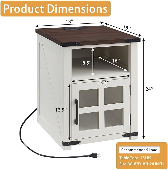 Farmhouse Nightstand with Charging Station, Rustic End Table with Tempered Gl...