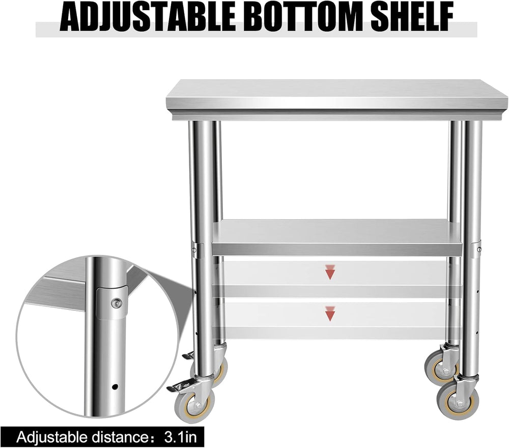 Stainless Steel Table for Prep & Work 30 x 12 Inches with Caster Wheels, ...