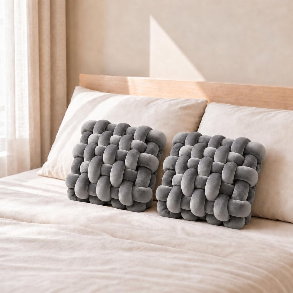 2 Pcs Square Knot Throw Pillows, Crystal Velvet, (Dark Grey)