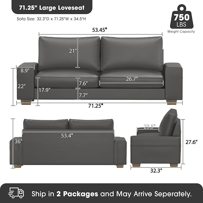 Faux Leather Couch, Mid Century Modern Comfy Loveseat Sofa with Wide Arm, Sid...