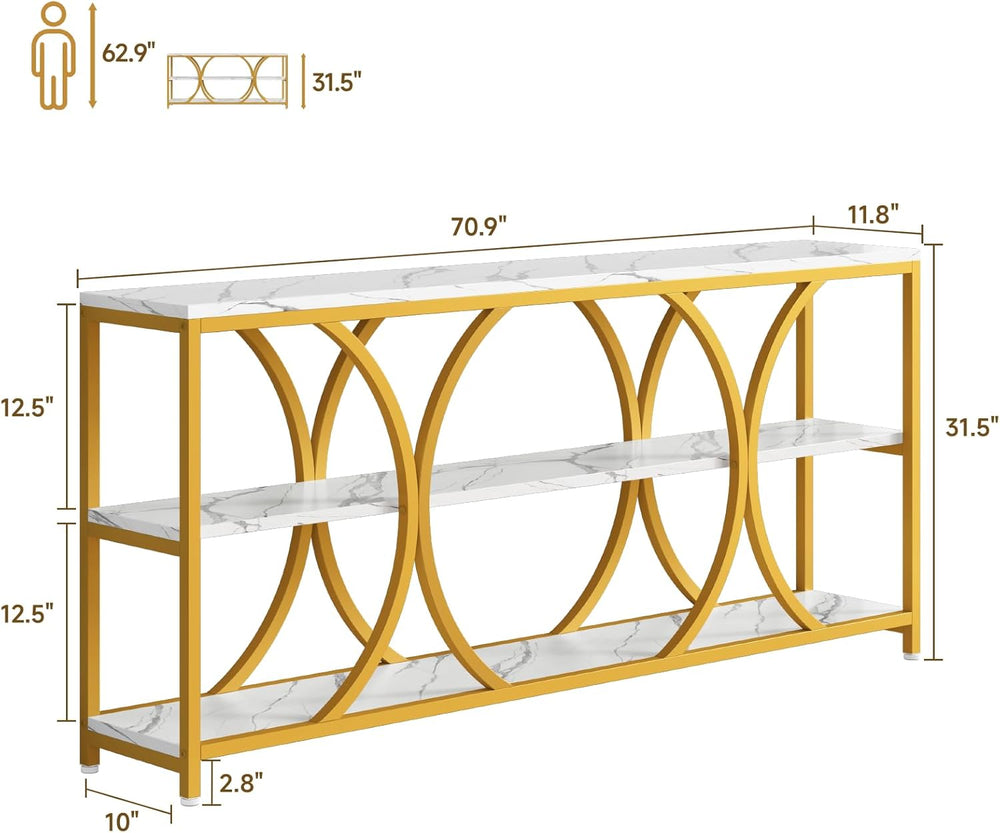 70.8 inch Extra Long Entryway Table,Gold Narrow Sofa Table | 3 Tier Storage S...
