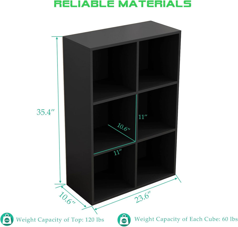 6-Cube Storage Shelf Bookcase - Wooden 3-Tier Floor Standing Open Bookshelf f...