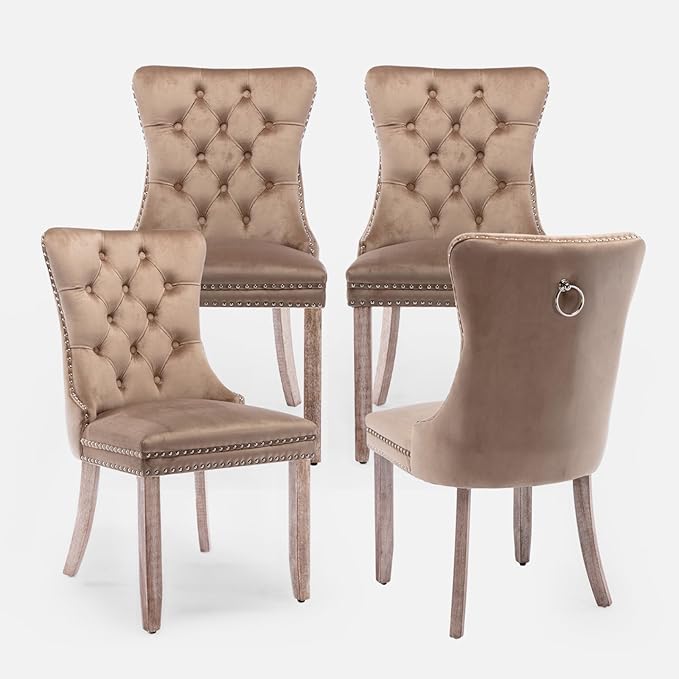 Velvet Upholstered Dining Chairs Set of 4, Modern Style Kitchen Side Chairs w...
