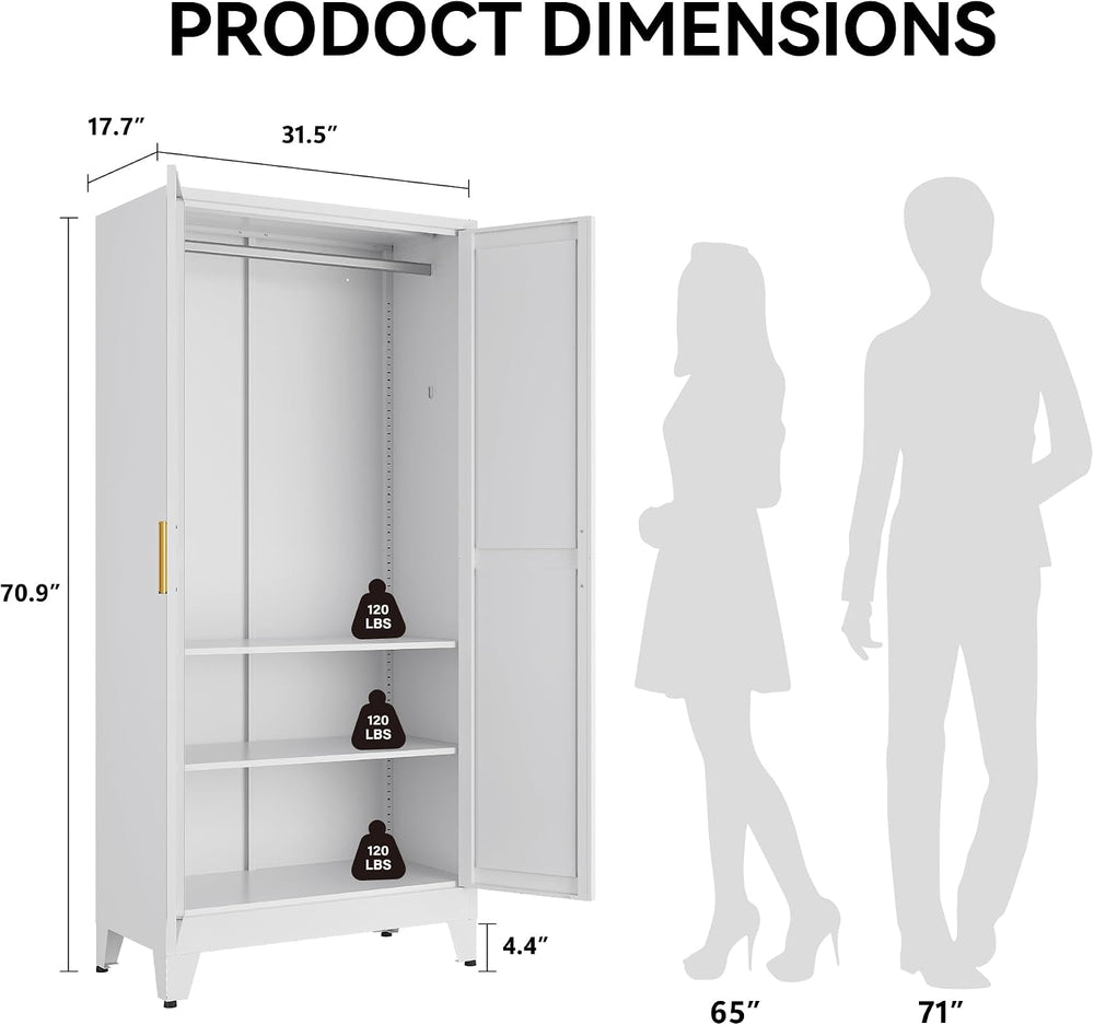 COFaR 71" Metal Wardrobe Closet with Adjustable Hanging Rod & 2 Shel...